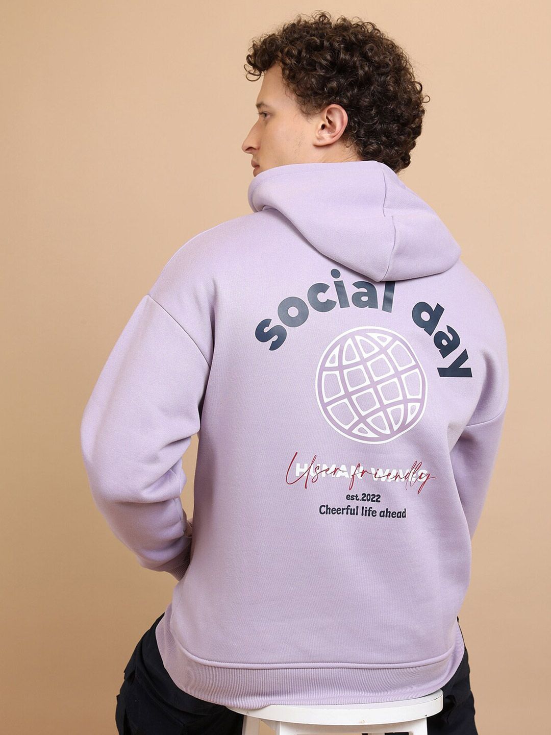 HIGHLANDER Typography Printed Hooded Oversized Drop Shoulder Sleeves Pullover Sweatshirt