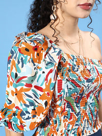 Berrylush White Print One Shoulder Ruffles Bohemian Crepe Top