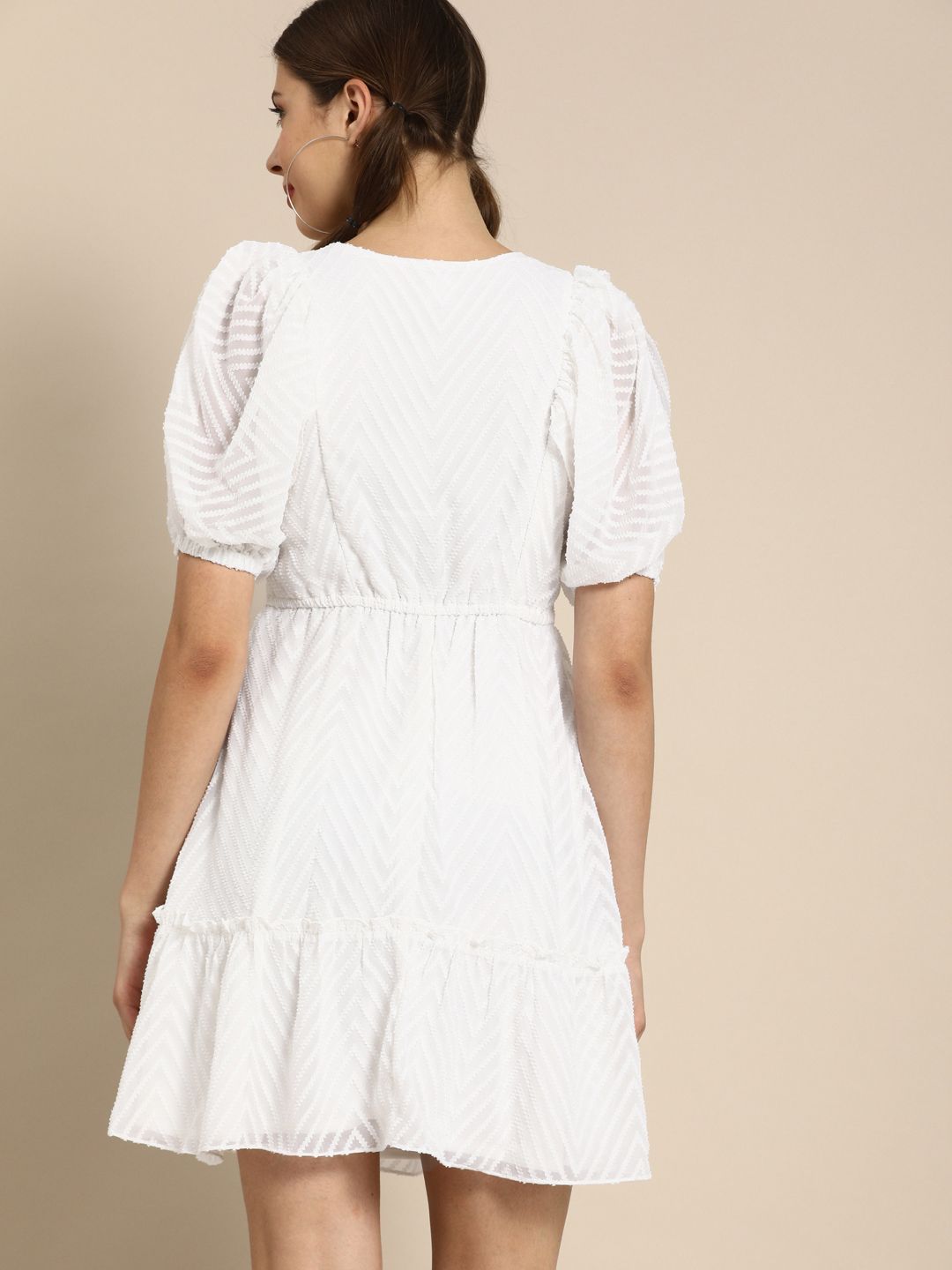Athena Glorious White Self Design Fit and Flare Dress