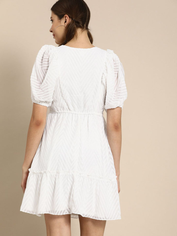 Athena Glorious White Self Design Fit and Flare Dress