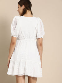 Athena Glorious White Self Design Fit and Flare Dress