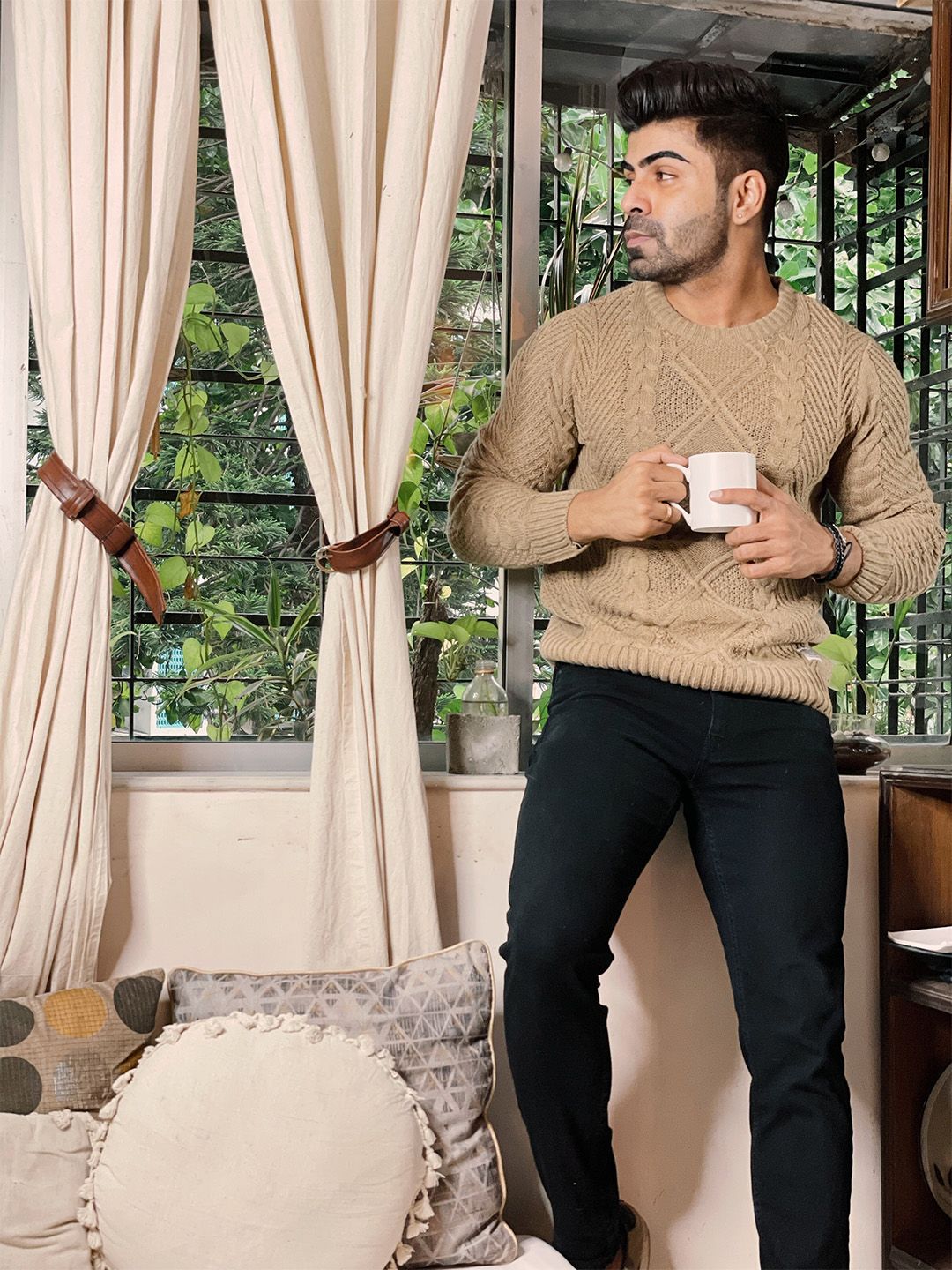 Mr Bowerbird Men Beige Self Design Pullover Sweater