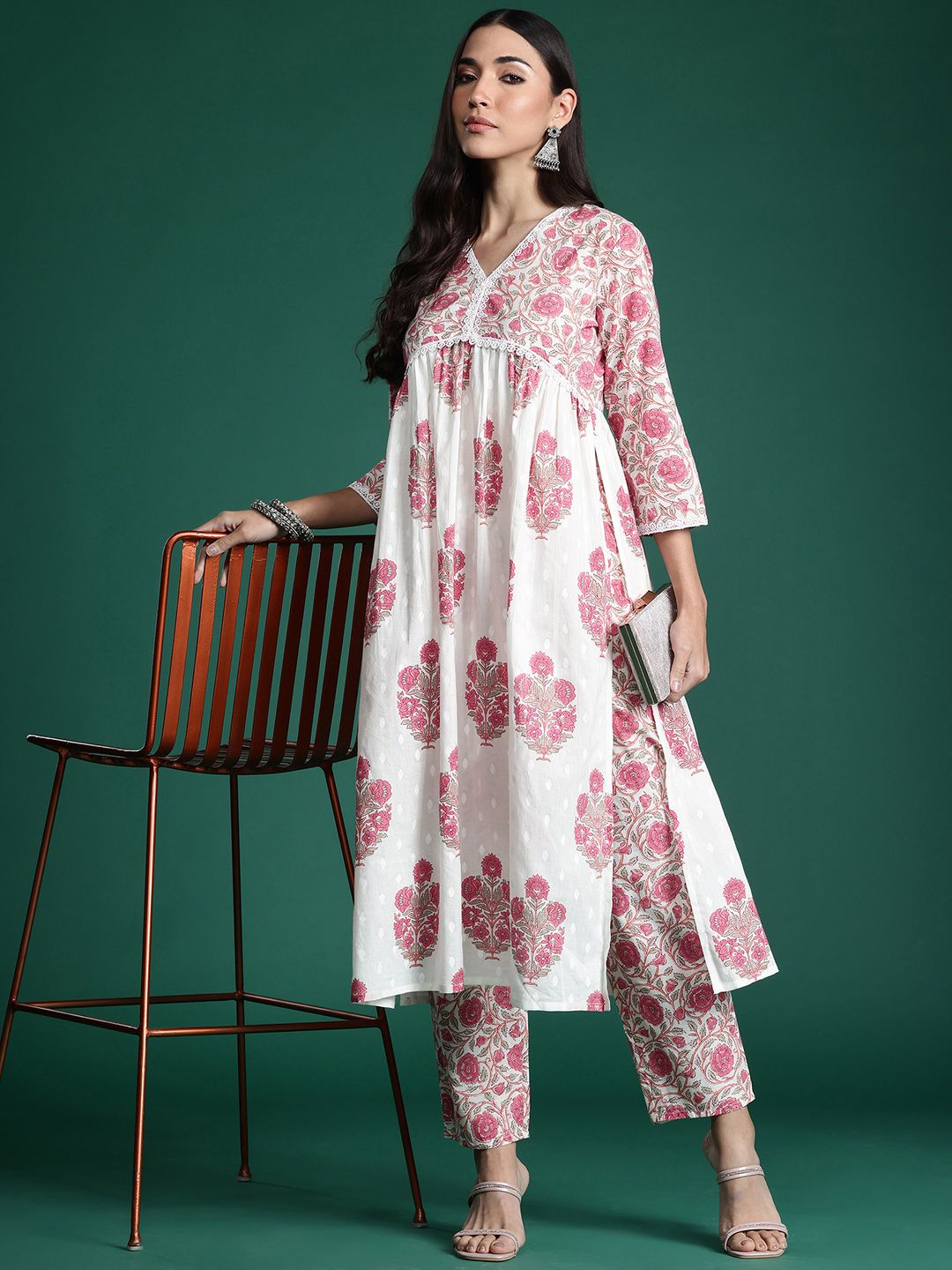 Indo Era Women Floral Printed Empire Pure Cotton Kurta with Trousers