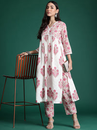 Indo Era Women Floral Printed Empire Pure Cotton Kurta with Trousers