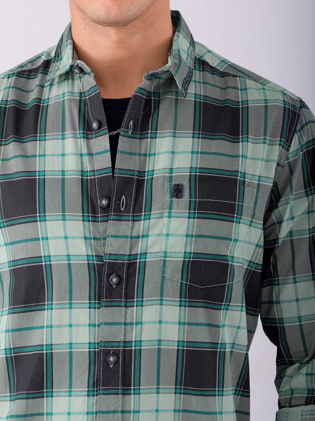 The Indian Garage Co Men Black & Green Tartan Checks Pure Cotton Casual Shirt