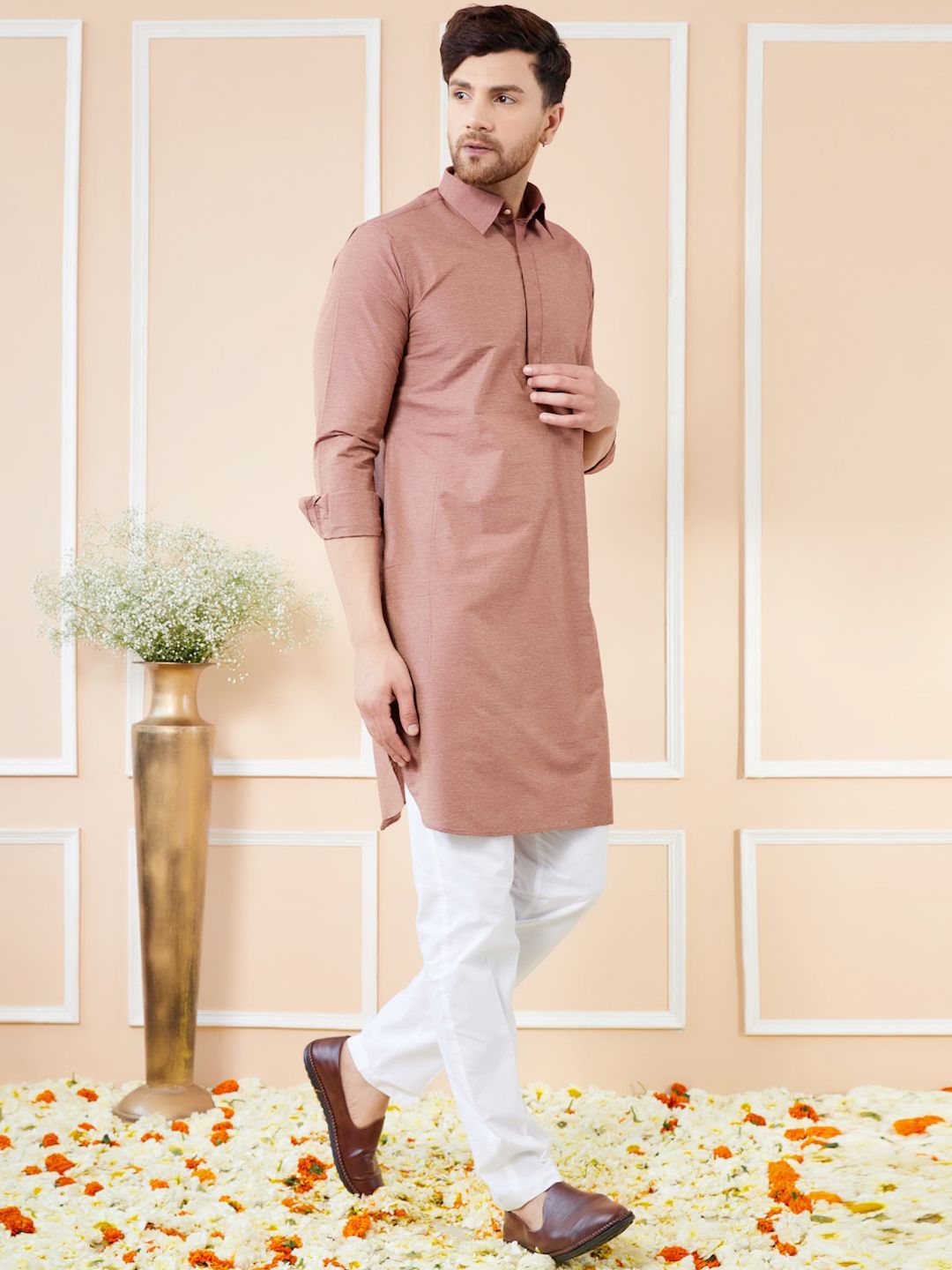 See Designs Shirt Collar Long Sleeves Pure Cotton Pathani Kurta With Pyjamas