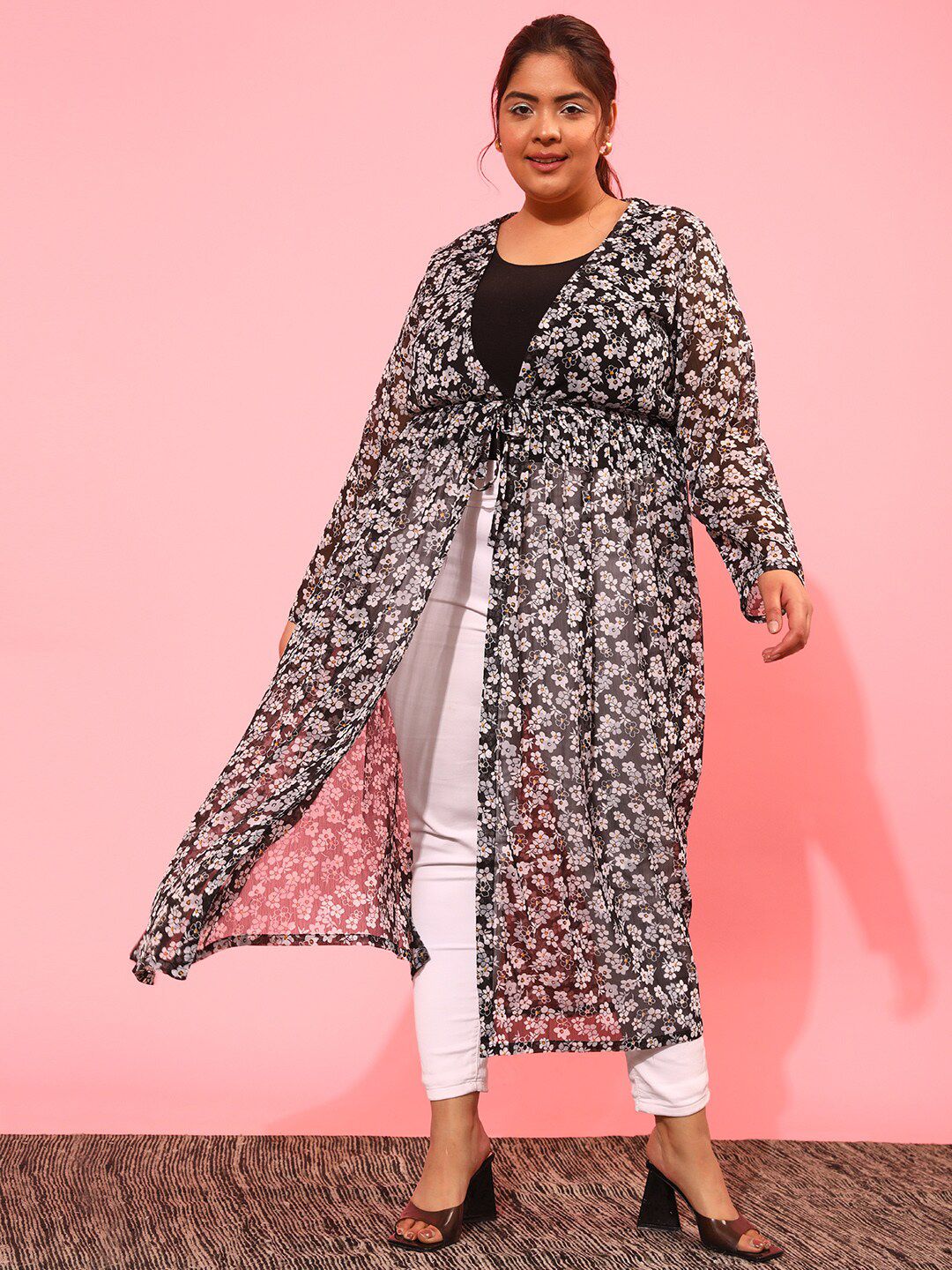 CURVY STREET Women Plus Size Printed Longline Tie-Up Shrug