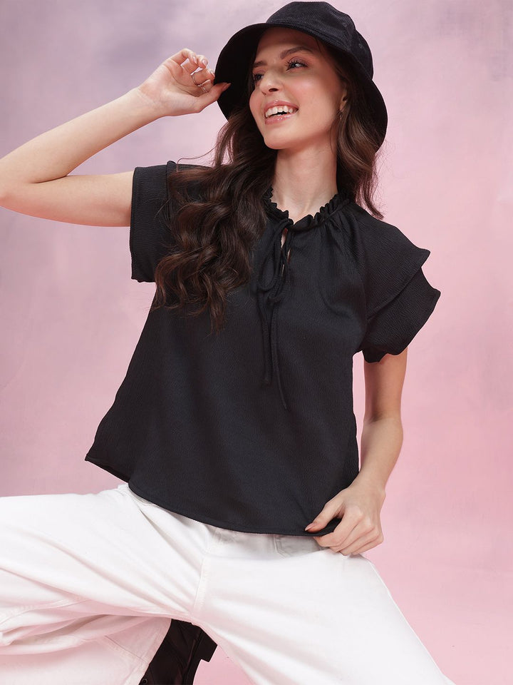 DressBerry Tie-Up Neck Crinkle Ruffled Top