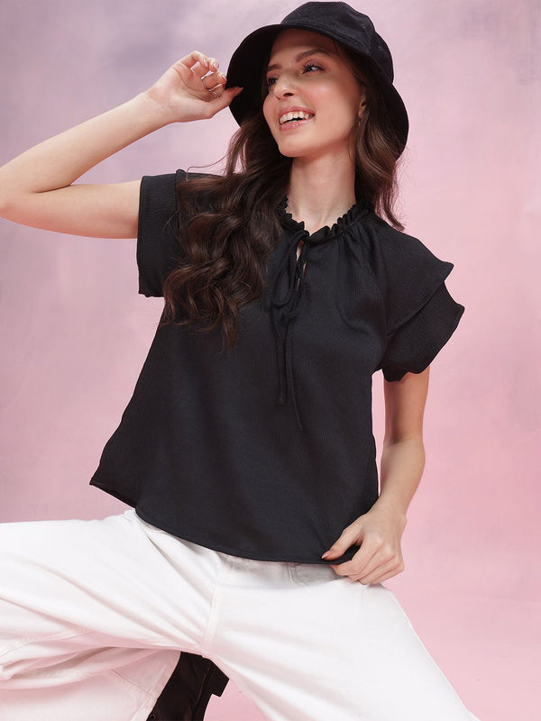 DressBerry Tie-Up Neck Crinkle Ruffled Top
