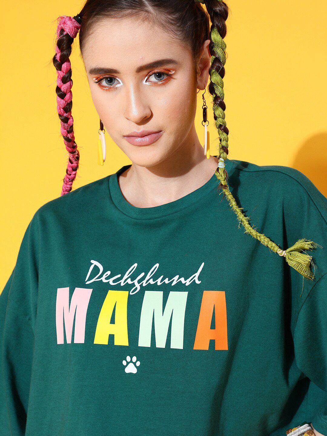 STREET 9 Women Green Printed Cotton Drop-Shoulder Sleeves Bio Finish Boxy T-shirt