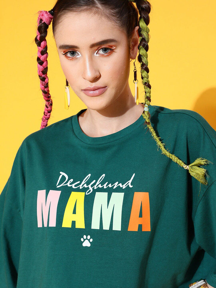 STREET 9 Women Green Printed Cotton Drop-Shoulder Sleeves Bio Finish Boxy T-shirt