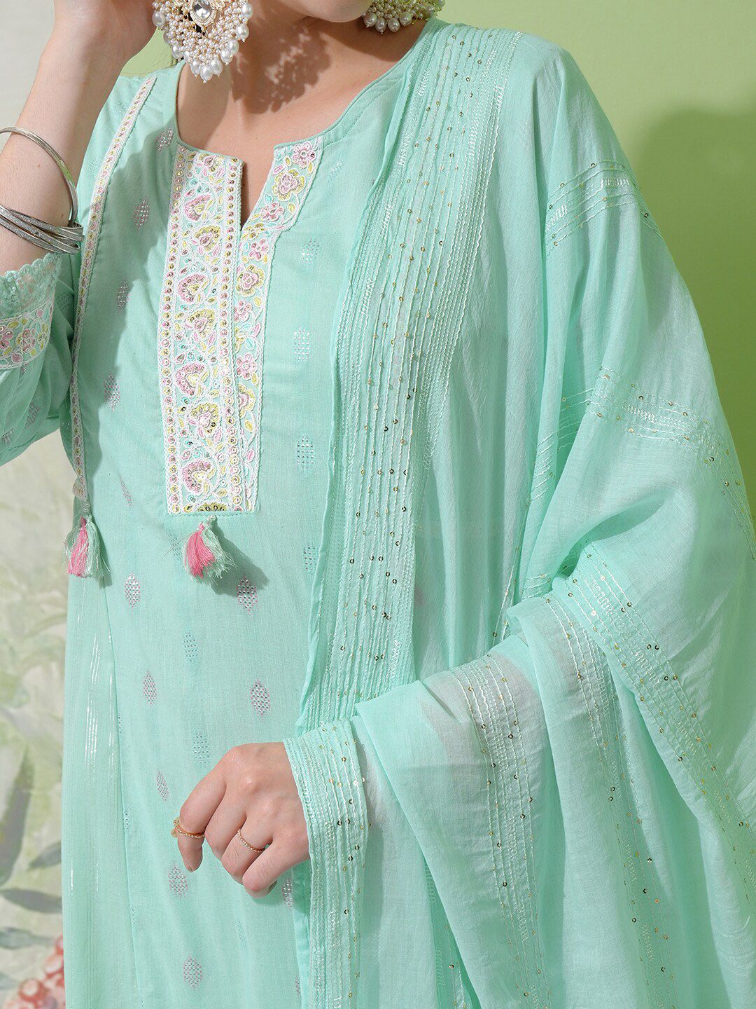 Vishudh Green Embroidered Notch Neck Pure Cotton A-Line Kurta With Trousers & Dupatta