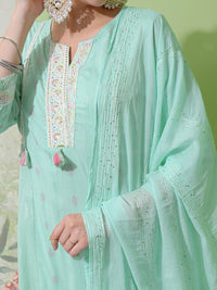 Vishudh Green Embroidered Notch Neck Pure Cotton A-Line Kurta With Trousers & Dupatta