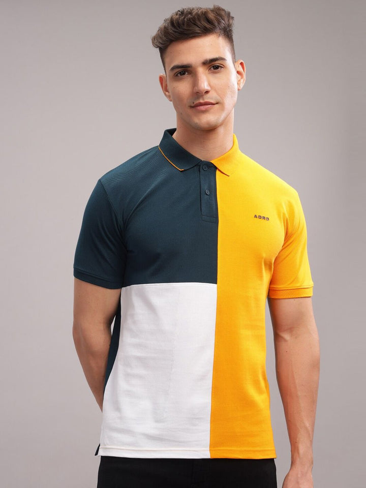 ADRO Colourblocked Polo Collar Lengan Pendek Kapas Tulen T-shirt Biasa