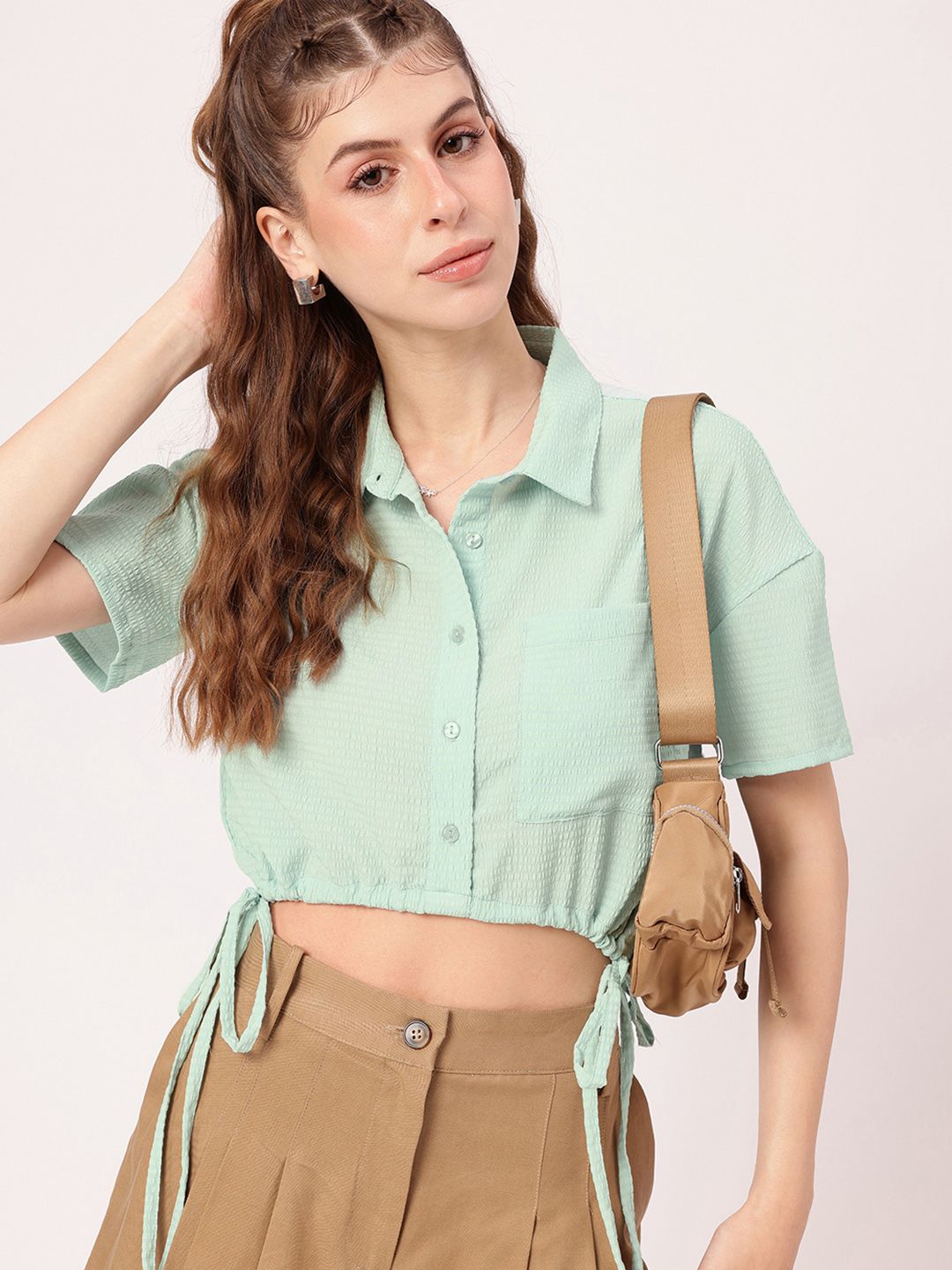 DressBerry Easy Breezy Seersucker Crop Shirt Style Top