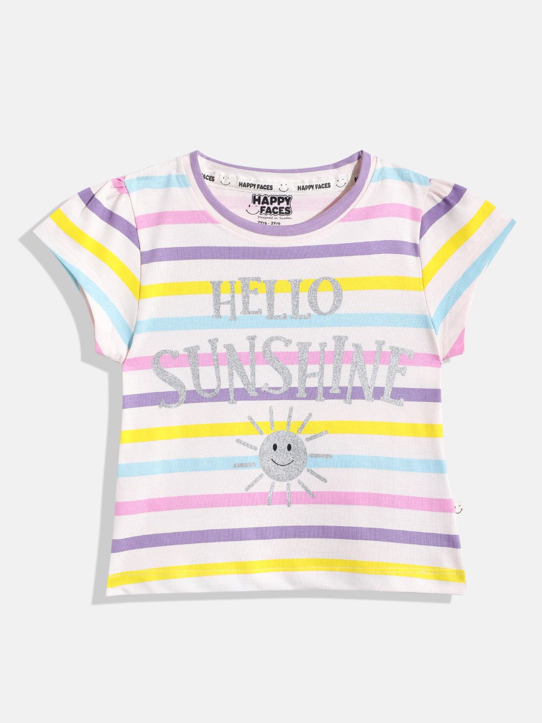 Happy Faces Girls Striped & Typography Printed Pure Cotton T-shirt