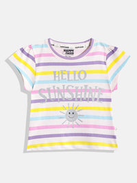 Happy Faces Girls Striped & Typography Printed Pure Cotton T-shirt