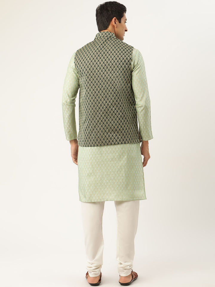 SOJANYA Men Green & Off-White Ethnic Motifs Kurta with Churidar & Nehru Jacket