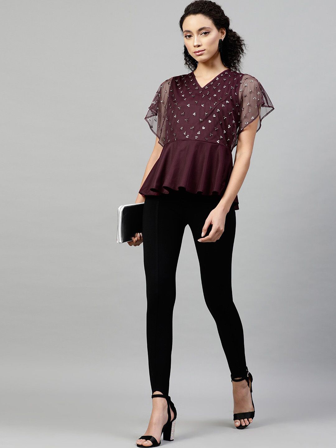 STREET 9 Burgundy Embellished Net Peplum Top