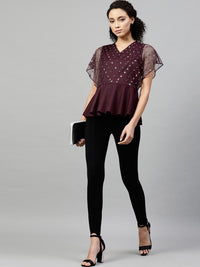 STREET 9 Burgundy Embellished Net Peplum Top