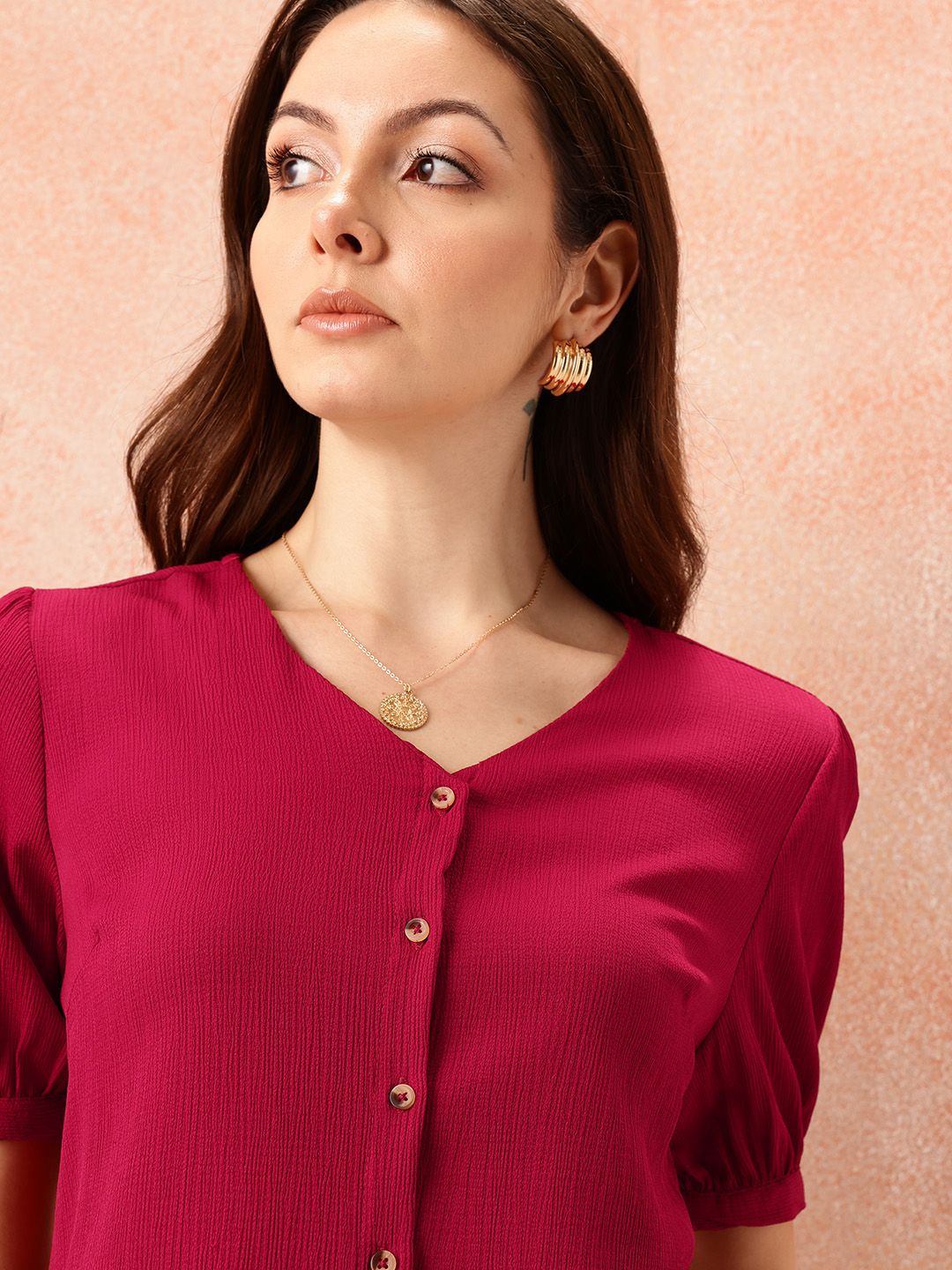all about you Textured Puff Sleeves Top