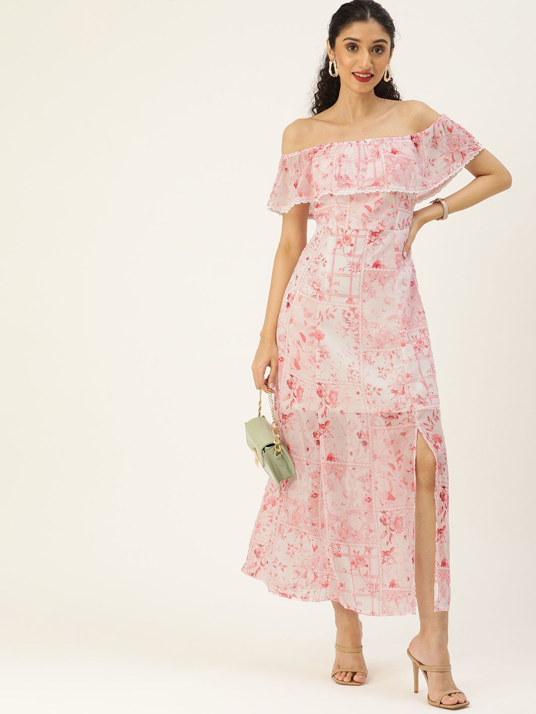 AND Pink & White Floral Halter Neck Fringed Maxi Dress