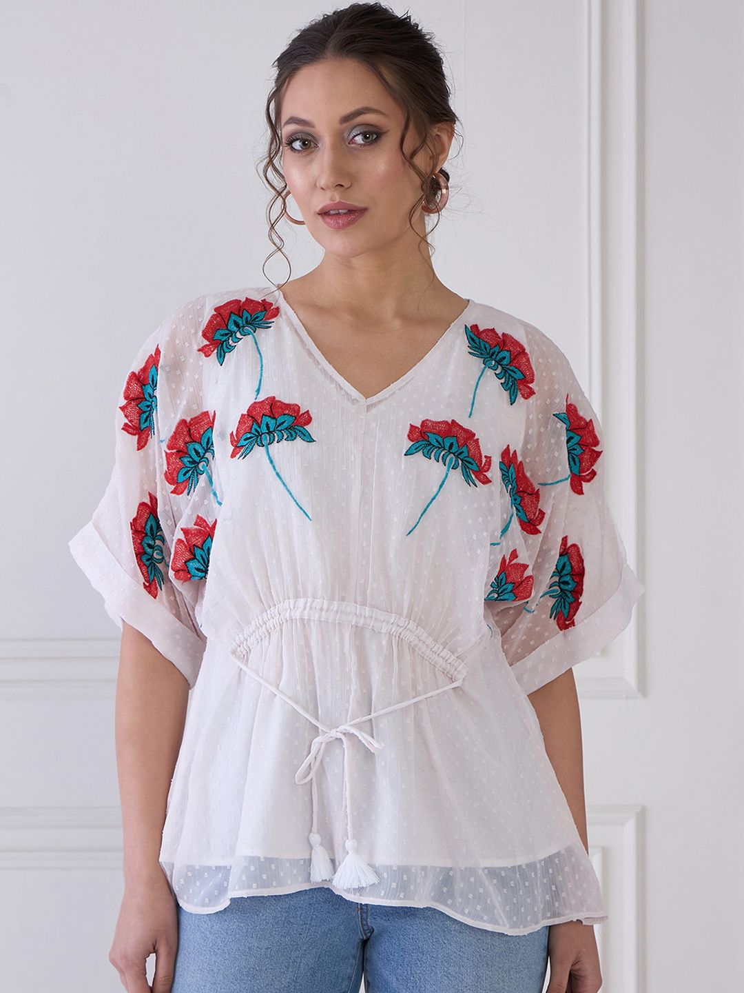 Antheaa Floral Embroidered Extended Sleeves Chiffon Kaftan Top