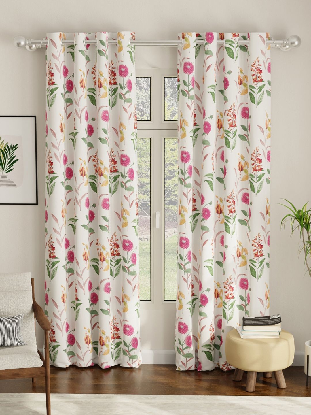 URBAN SPACE Pack of 2 White & Pink Floral Printed Room Darkening Door Curtain