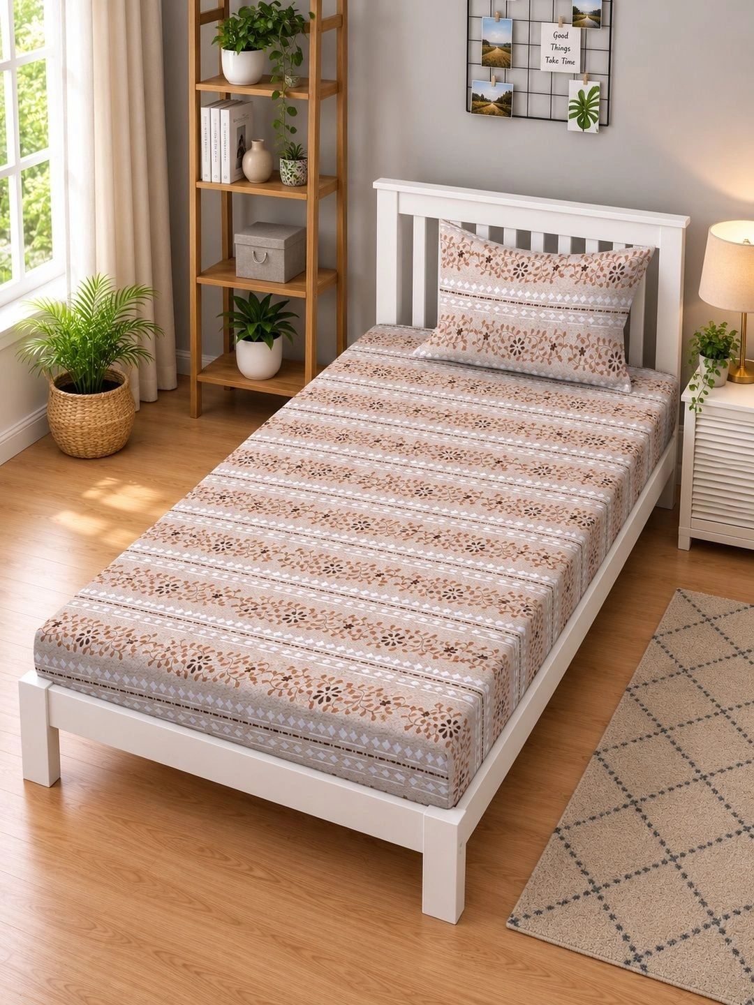 Moda Rapido X KLOTTHE Beige Floral 400 TC Single Bedsheet with 1 Pillow Covers