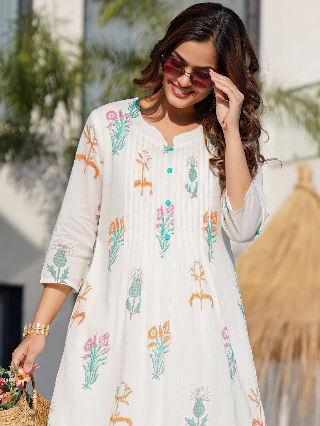 Indo Era Floral Printed Pure Cotton A-Line Kurta with Trousers