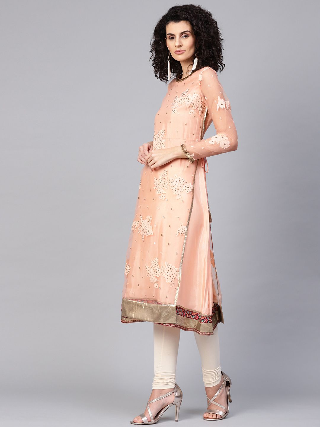 WISHFUL by W Women Peach-Coloured Printed A-Line Layered Kurta