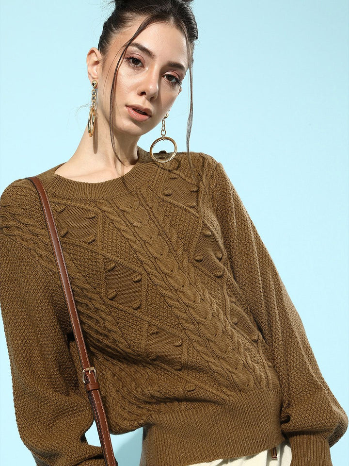 STREET 9 Women Brown Cable Knit Acrylic Pullover