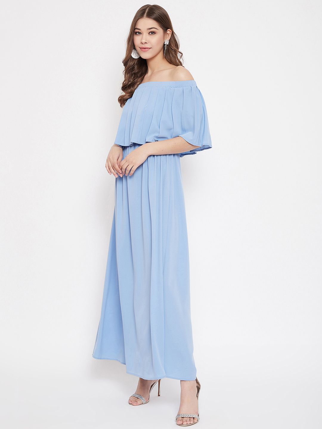 Berrylush Women Blue Solid Off Shoulder Maxi Dress