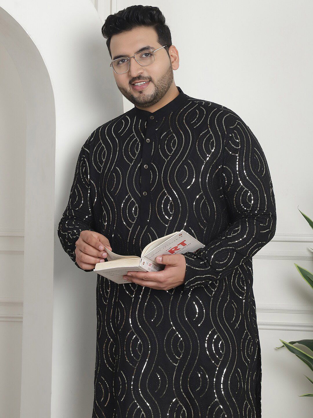 SOJANYA PLUS Geometric Embroidered Sequinned Mandarin Collar Cotton Straight Kurta