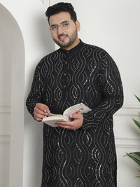 SOJANYA PLUS Geometric Embroidered Sequinned Mandarin Collar Cotton Straight Kurta