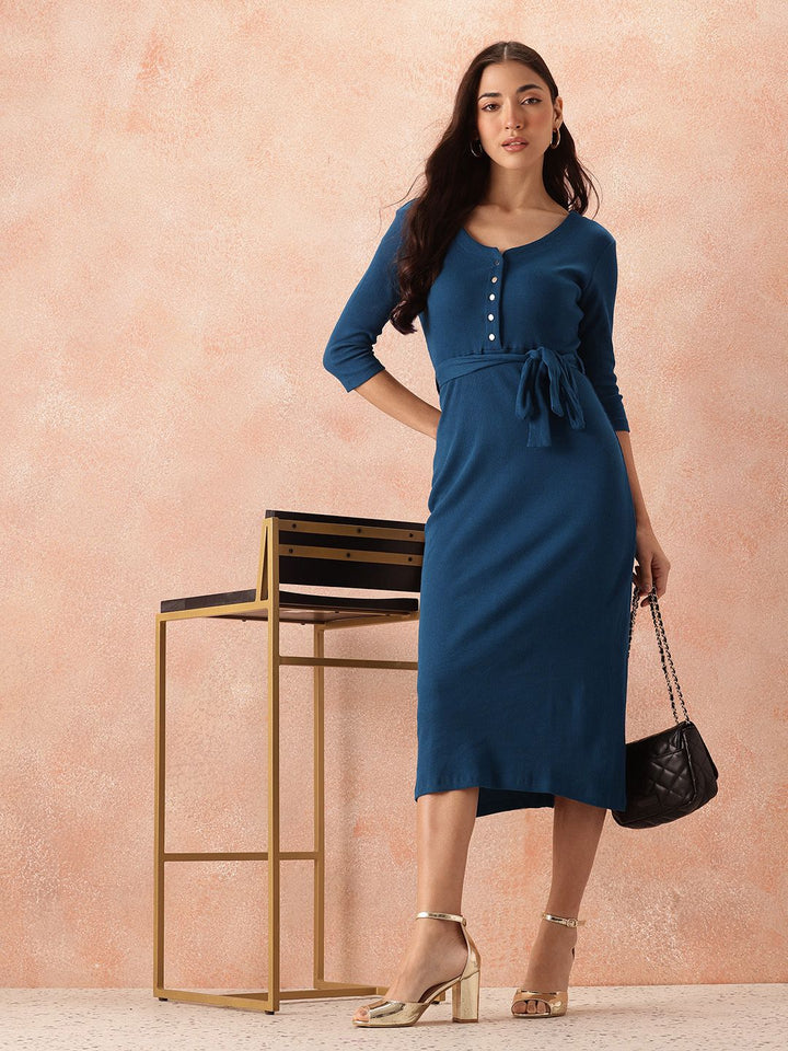 all about you Cotton Ribbed Sheath Midi Dress with Belt
