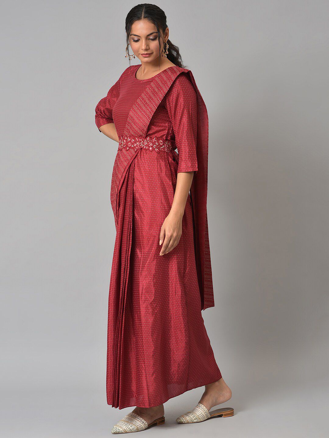 W Satin Maxi Insta Saree Dress with Embroidered Belt