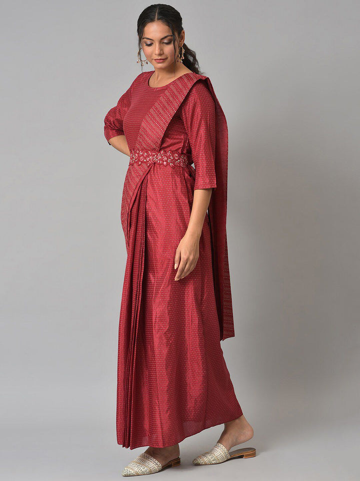 W Satin Maxi Insta Saree Dress with Embroidered Belt