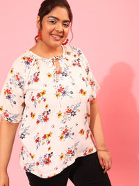 CURVY STREET Tie-Up Neck Floral Printed Top