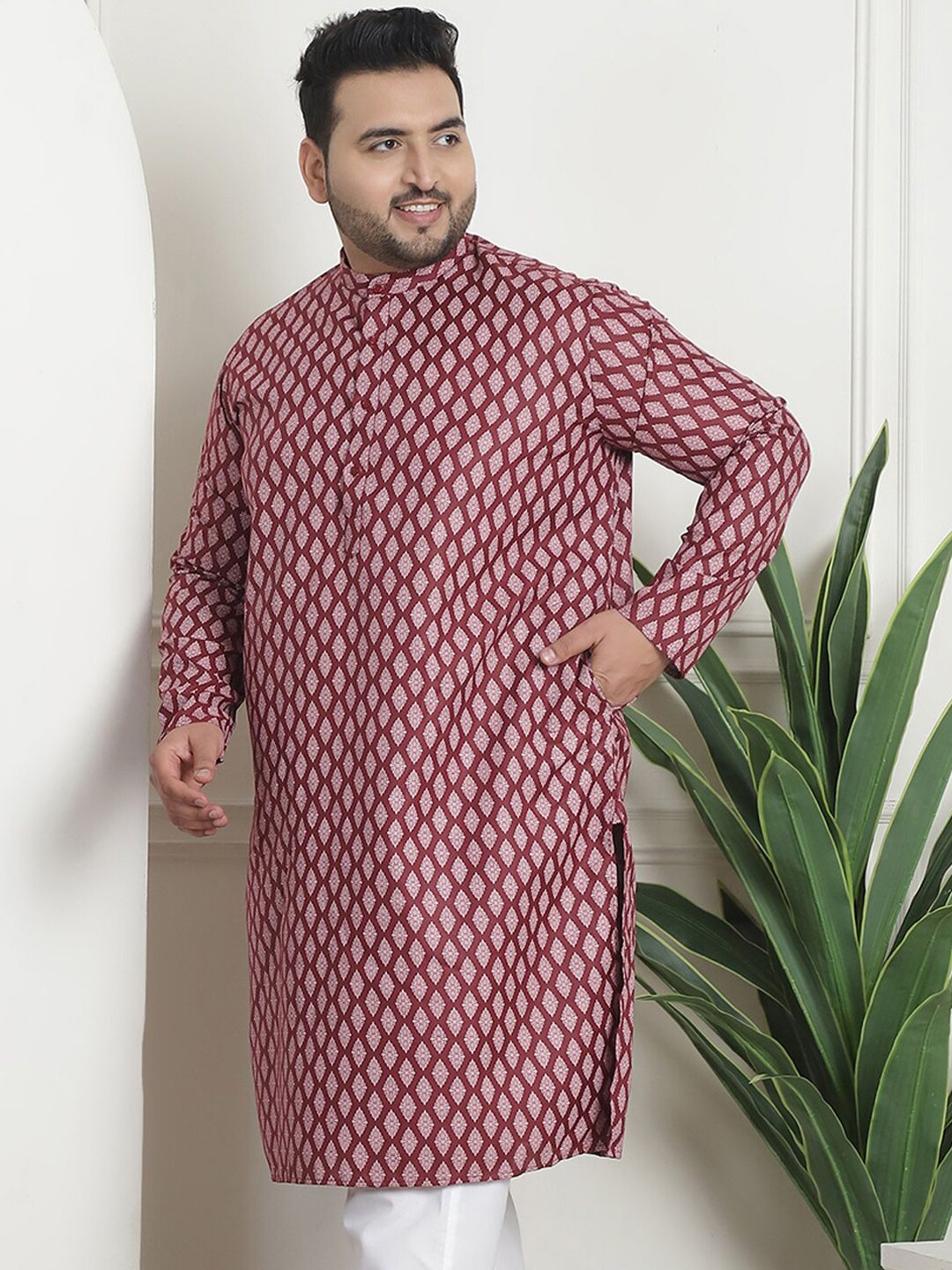 SOJANYA PLUS PLus Size Ethnic Motifs Printed Band Collar Long Sleeves Straight Kurta