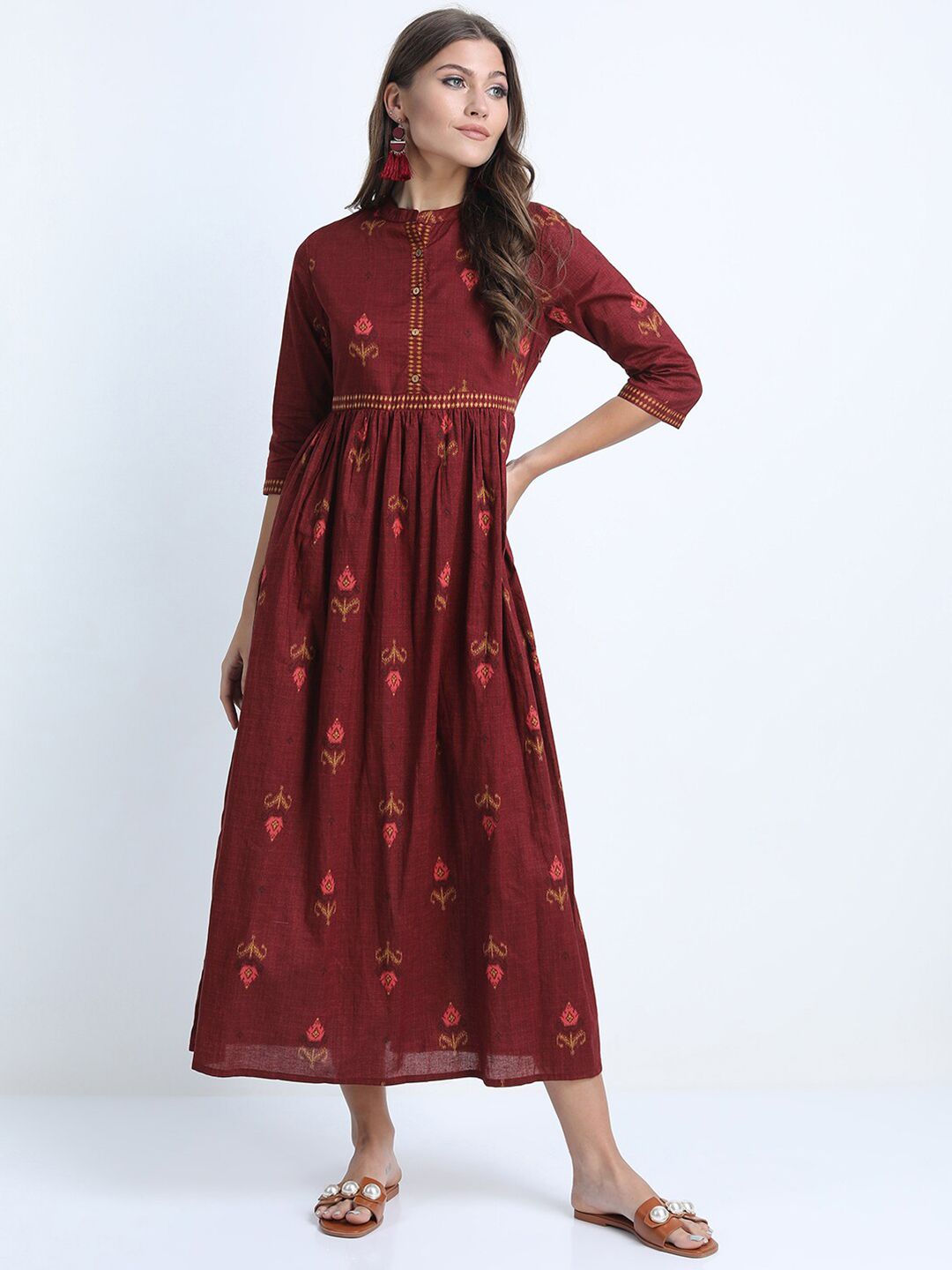 Vishudh Women Maroon Ethnic Motifs Ethnic Cotton Maxi Dress