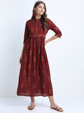 Vishudh Women Maroon Ethnic Motifs Ethnic Cotton Maxi Dress