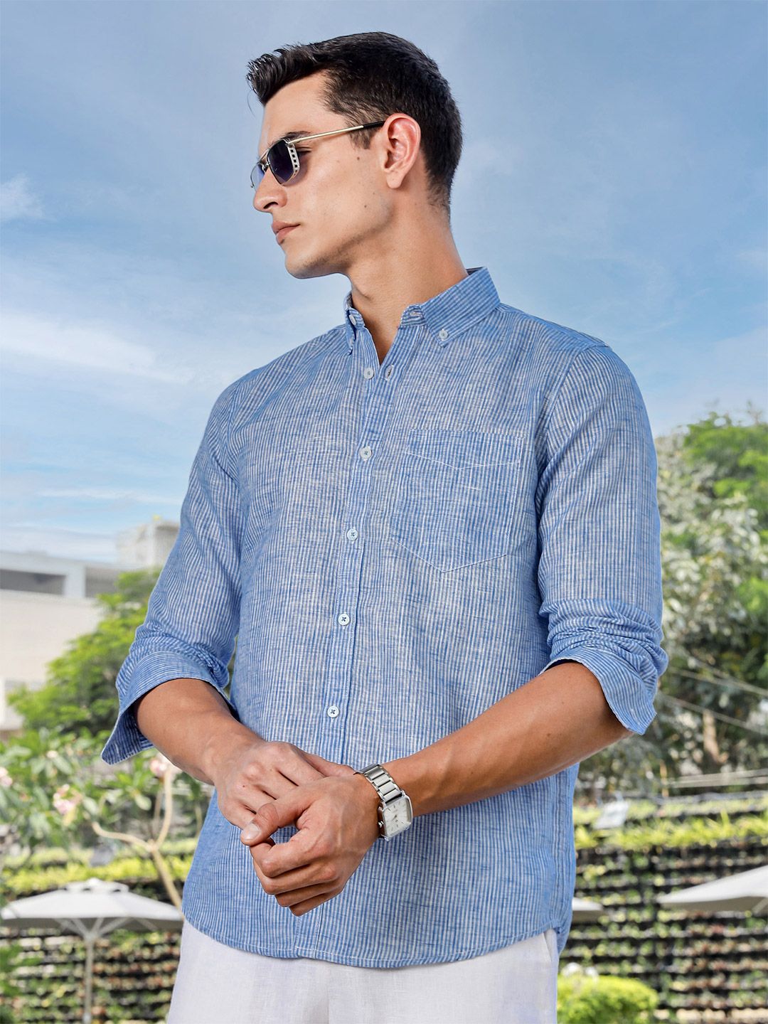 Thomas Scott Men Premium Regular Fit Vertical Striped Linen Casual Shirt
