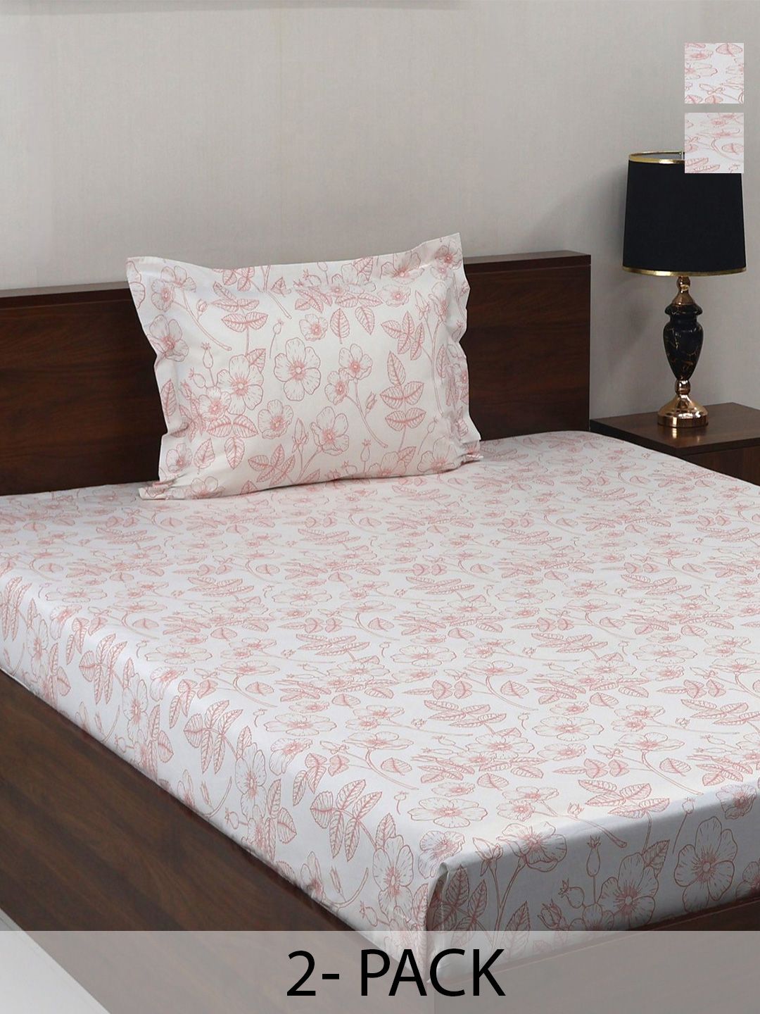 BOMBAY DYEING Vintage Pink Printed Pure Cotton 180 TC  Bedsheet Set 1.52 m X 2.28 m