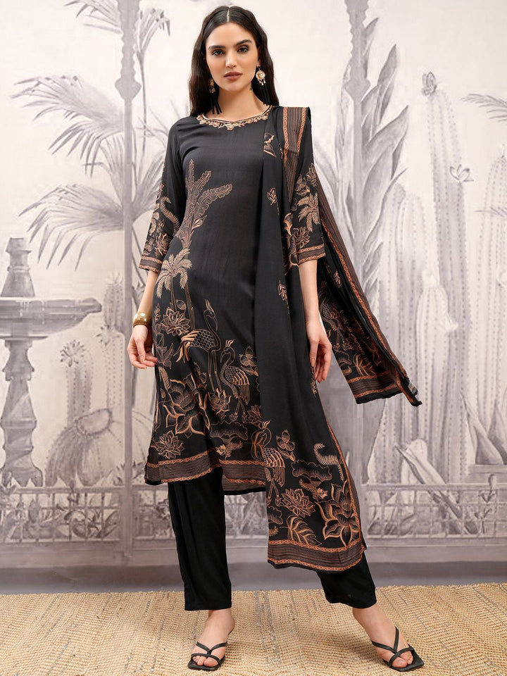 Vishudh Black Ethnic Motifs Printed Thread Work Regular Kurta with Trousers & Dupatta