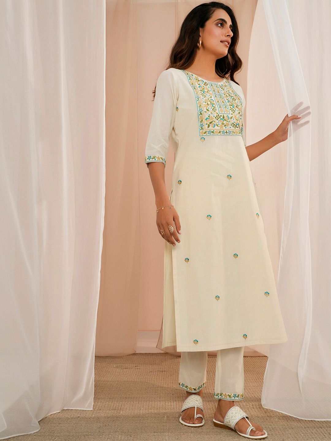 Libas Floral Yoke Design Regular Thread Work Pure Cotton Kurta With Trousers & Dupatta