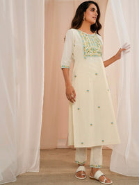 Libas Floral Yoke Design Regular Thread Work Pure Cotton Kurta With Trousers & Dupatta