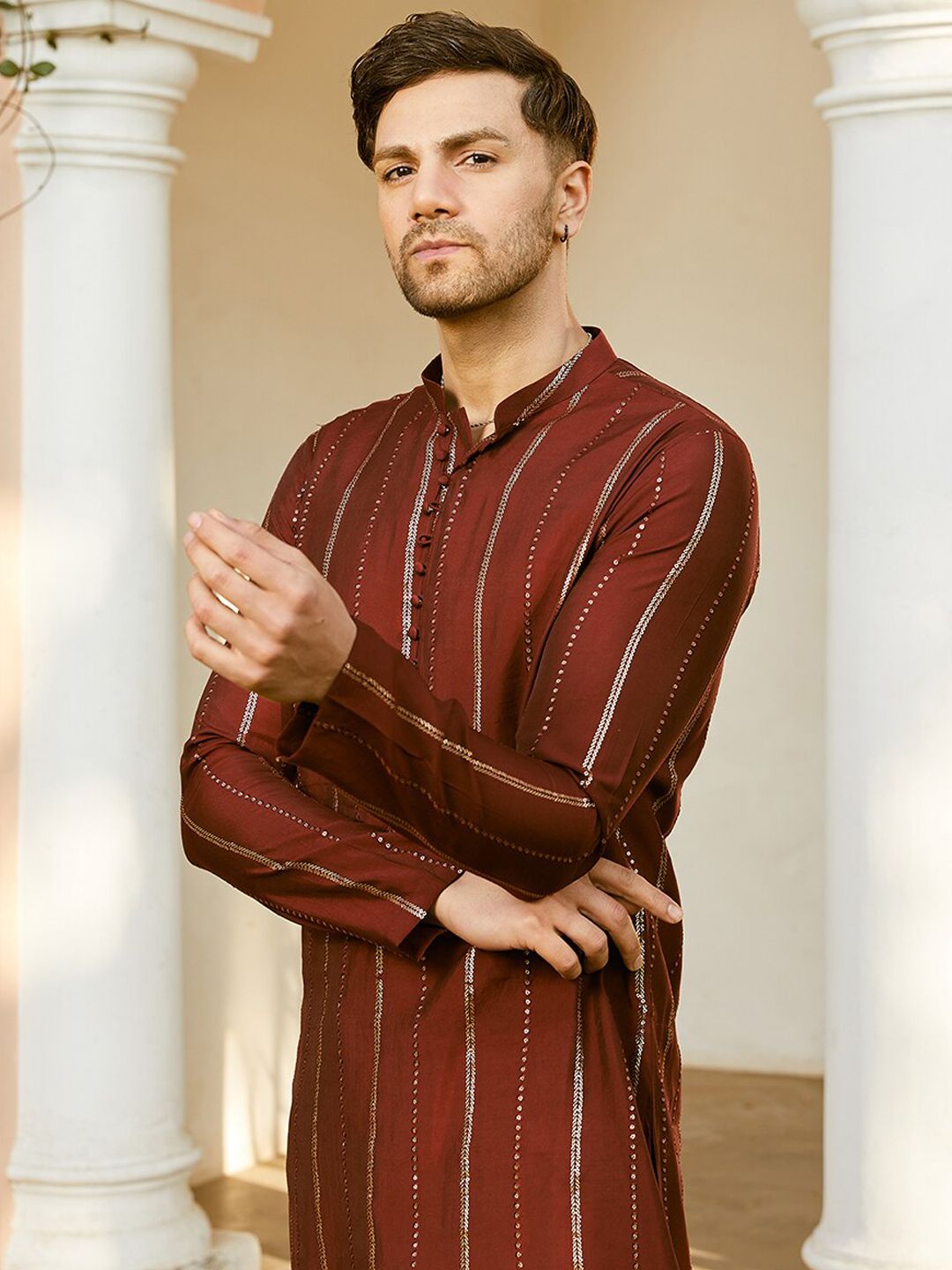 See Designs Striped Embroidered Sequined Straight Kurta