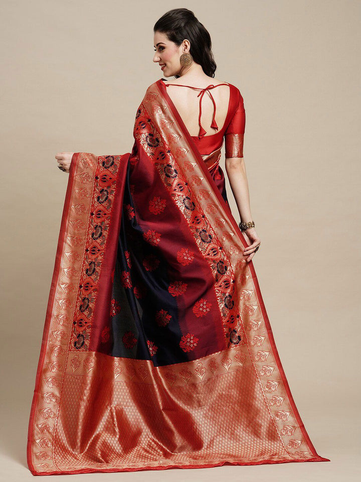 Saree mall Navy Blue & Gold-Toned Floral Woven Design Zari Kanjeevaram Sarees