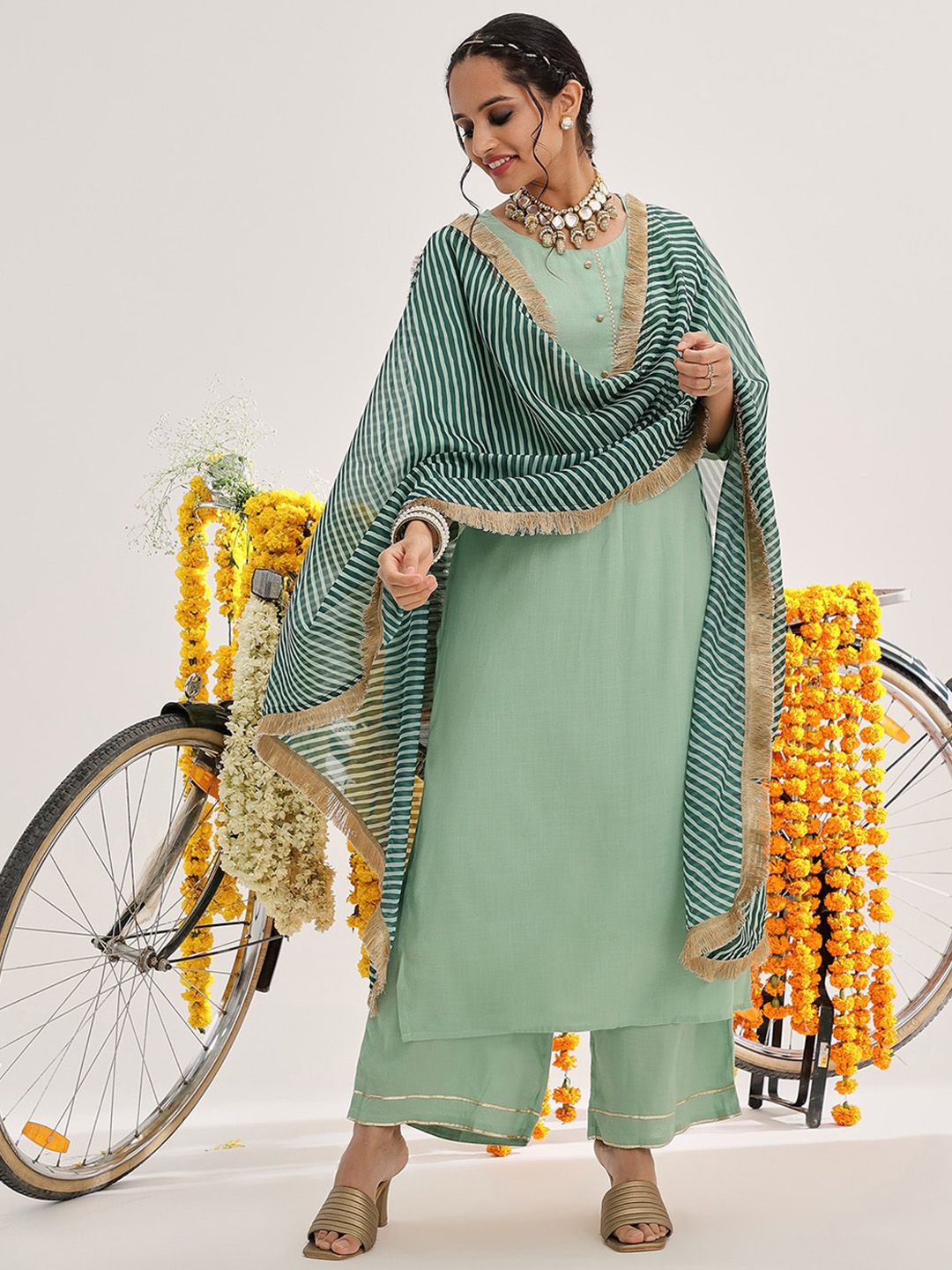 Varanga Green Gotta Patti Detail Straight Kurta & Palazzos With Dupatta